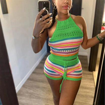 Women Suits Hhanging Neck Lace-up Sleeveless Backless Tops Female Casual Knitted Rainbow Stripes Two Piece Sets Slim Fit Shorts 7~10days