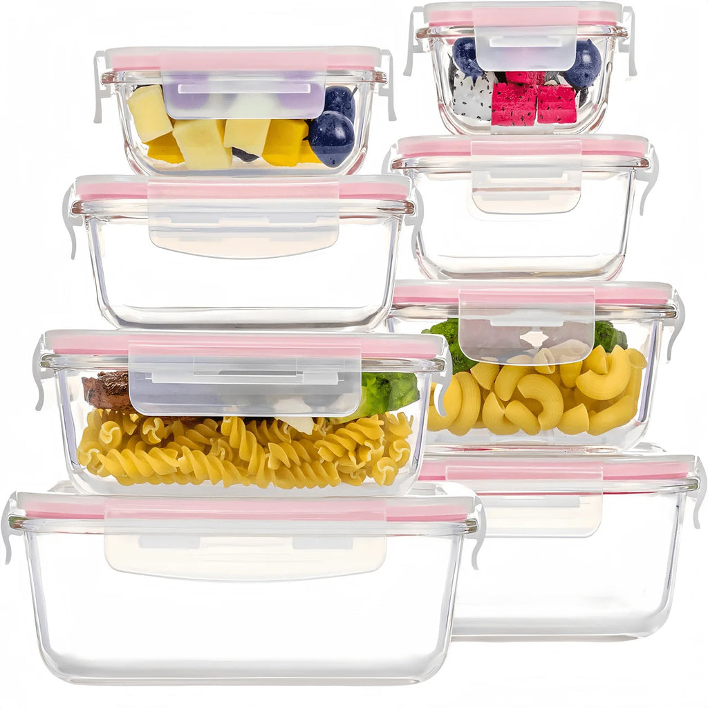 16pcs Airtight Glass Food Storage Containers, Outdoor Picnic, Lunch Box, Microwave, Oven - Perfect For Salads, Fruits, 4~12days