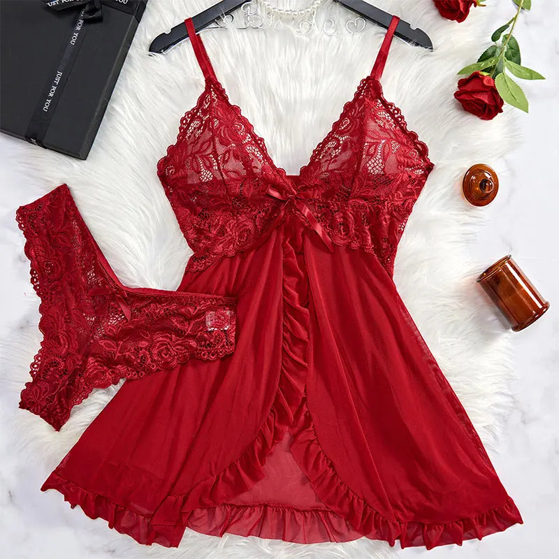 Thin Style G-string Contrast Lace Ruffle Trim Lingerie Set 7~10days