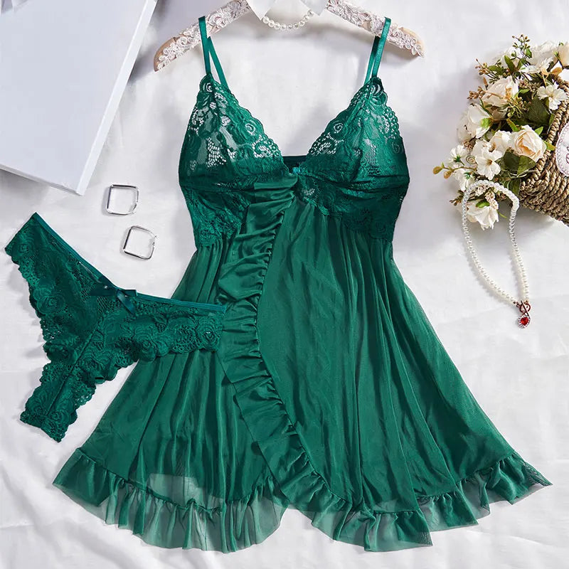 Thin Style G-string Contrast Lace Ruffle Trim Lingerie Set 7~10days