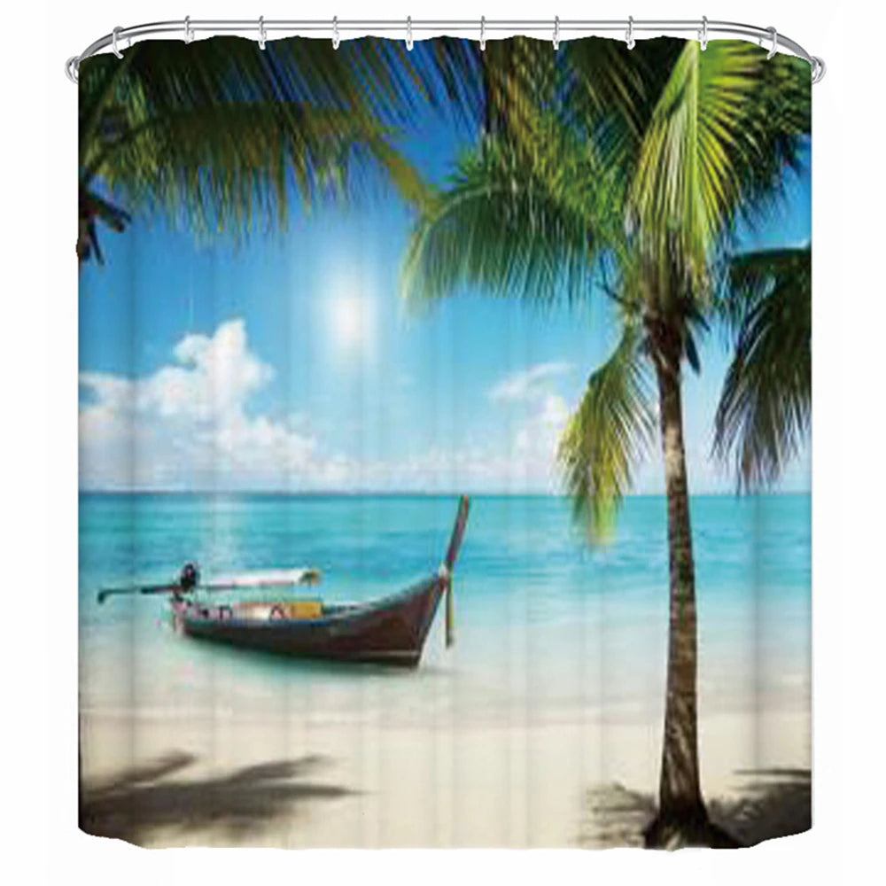 Bathroom Shower 3D Tropical Island Summer Beach Design, 12 Hooks 2~8days