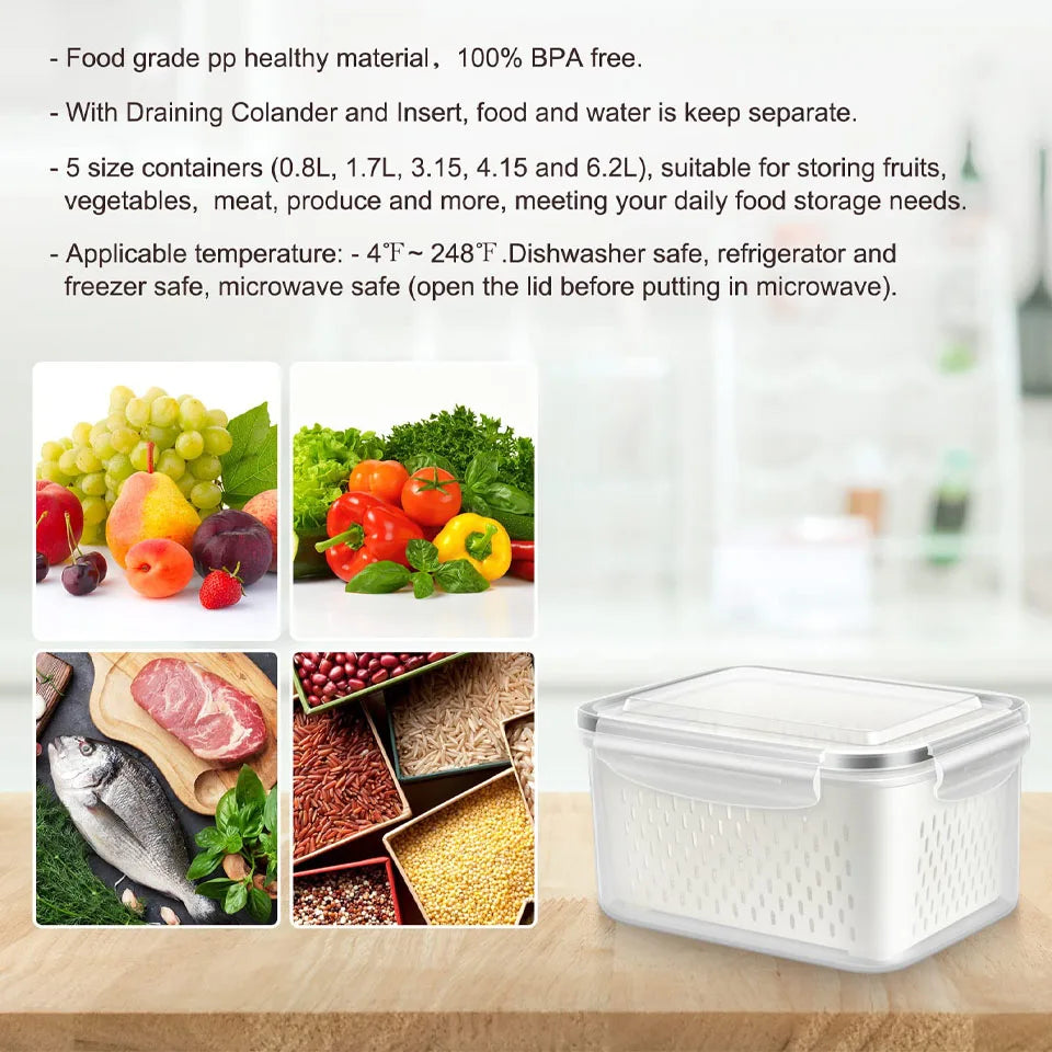 Fridge Food Storage Container with Lids, Plastic Fresh Produce Saver Keeper for Vegetable Fruit Kitchen Refrigerator Organizers 7~10days