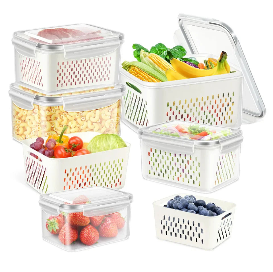 Fridge Food Storage Container with Lids, Plastic Fresh Produce Saver Keeper for Vegetable Fruit Kitchen Refrigerator Organizers 7~10days