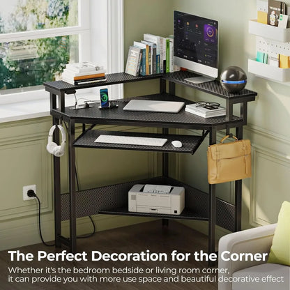 Computer Corner Desk 44.5“ W X 34.5”H Small Carbon Fiber  With Power Outlets 3~9days