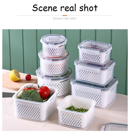 Fridge Food Storage Container with Lids, Plastic Fresh Produce Saver Keeper for Vegetable Fruit Kitchen Refrigerator Organizers 7~10days