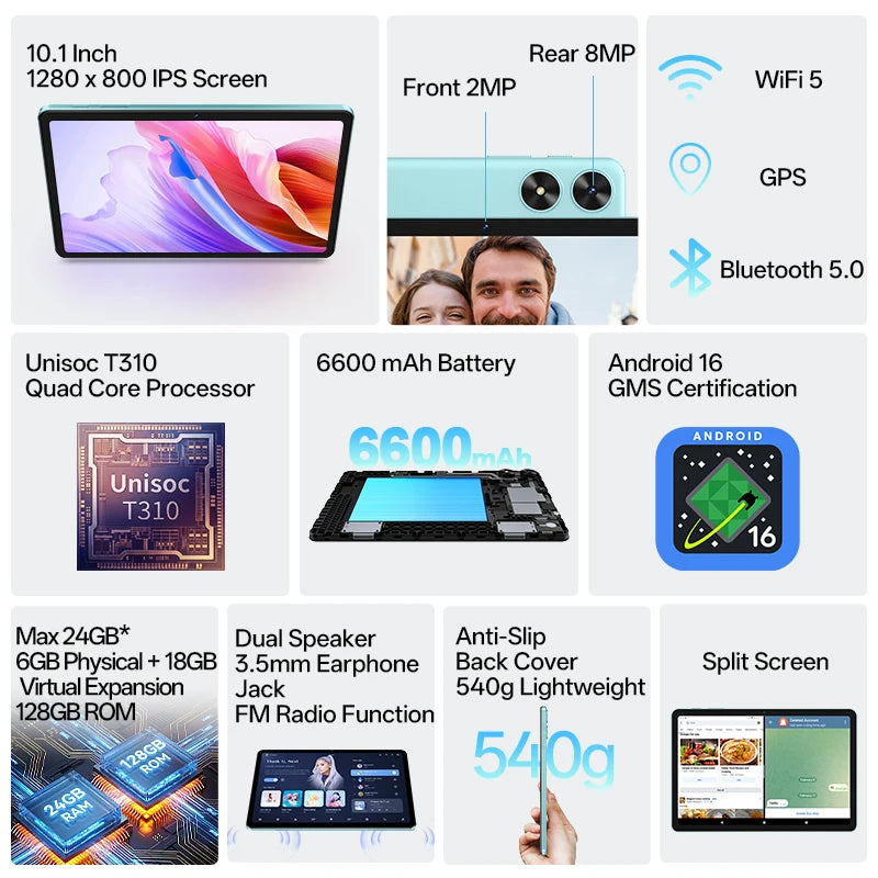 SVITOO Tablet 2026 Android 16 10.1 Inch HD IPS Screen Unisoc T310 Quad-Core Processor 6GB Physical RAM + 18GB Virtual RAM 128GB ROM 1TB Expandable 6600mAh Battery 2.4GHz 5GHz WiFi 5 Bluetooth 5.0 GPS Widevine L1 With Case Key