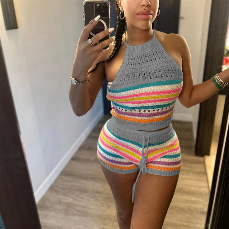 Women Suits Hhanging Neck Lace-up Sleeveless Backless Tops Female Casual Knitted Rainbow Stripes Two Piece Sets Slim Fit Shorts 7~10days