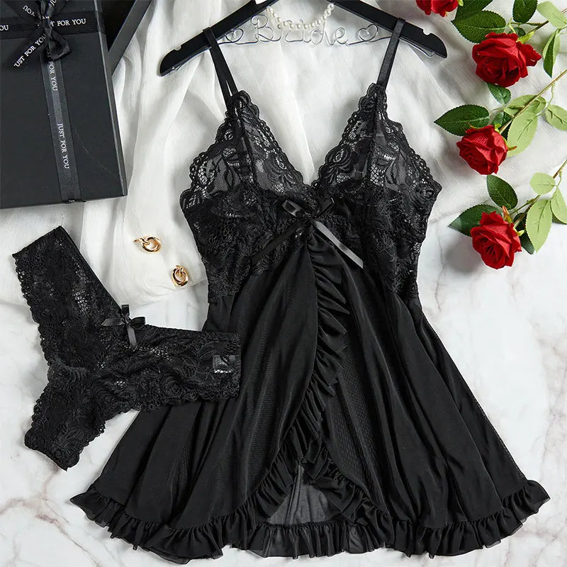 Thin Style G-string Contrast Lace Ruffle Trim Lingerie Set 7~10days