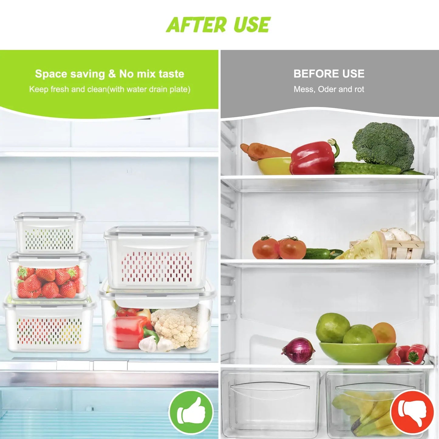 Fridge Food Storage Container with Lids, Plastic Fresh Produce Saver Keeper for Vegetable Fruit Kitchen Refrigerator Organizers 7~10days