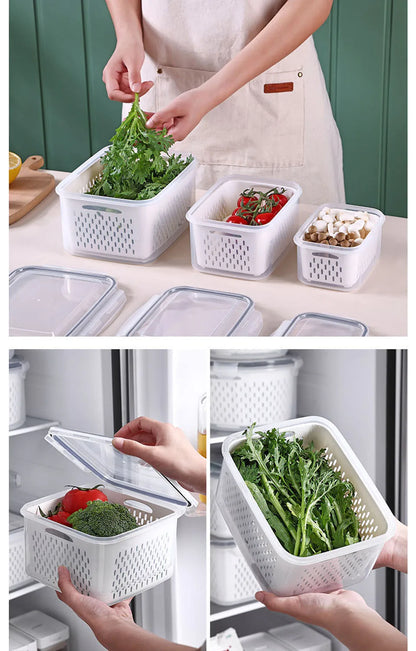 Fridge Food Storage Container with Lids, Plastic Fresh Produce Saver Keeper for Vegetable Fruit Kitchen Refrigerator Organizers 7~10days