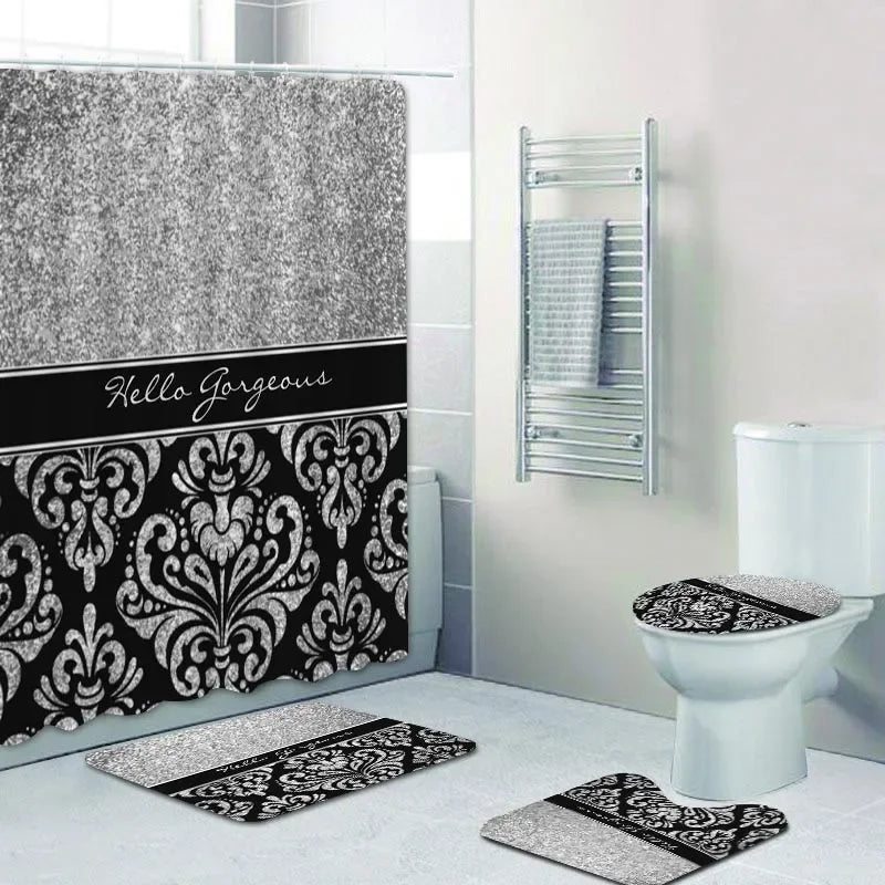 Luxury Black Gold Damask Shower Curtain Bath  Set 7~16days