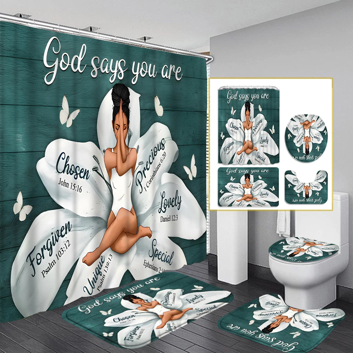 God Says, 1/4 Piece Shower Curtain Set,11~15days