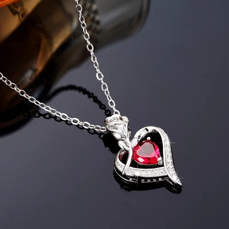 Luxury Red Zircon Heart Necklace With Rose Flower Gift Box 7~10days