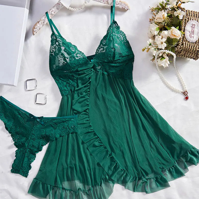 Thin Style G-string Contrast Lace Ruffle Trim Lingerie Set 7~10days