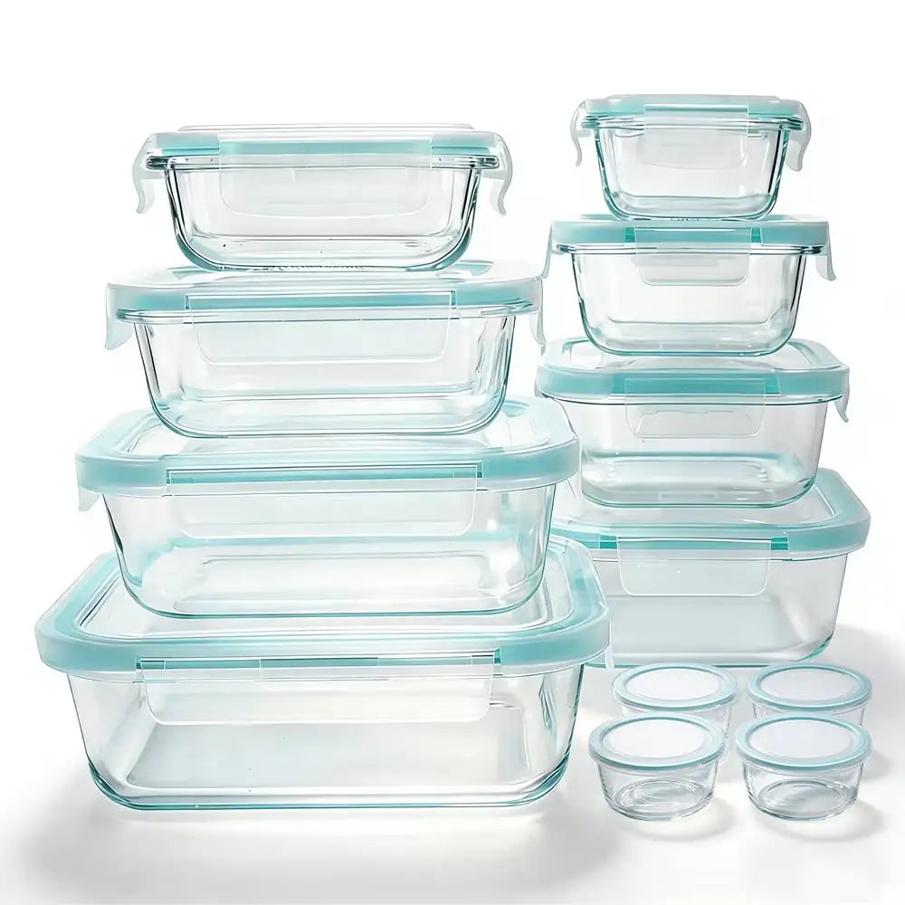 24 Pcs Set Clear Glass With Light Blue Airtight Snap Lids Leakproof Microwave Oven Safe For Meal Prep Lunch Fruit Pantry Kitchen Storage Housewarming Gift 4~10days