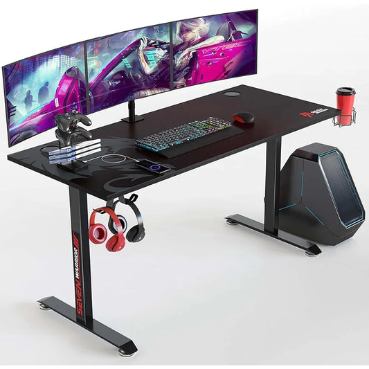 Gaming Desk 55’’, T-Shaped Carbon Fiber Surface Computer Desk with Full Mouse Pad, Gamer Desk with Headphone Hook, USB Rack 2~8days