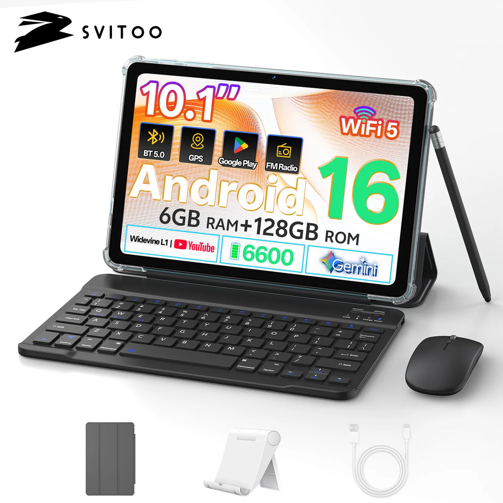 SVITOO Tablet 2026 Android 16 10.1 Inch HD IPS Screen Unisoc T310 Quad-Core Processor 6GB Physical RAM + 18GB Virtual RAM 128GB ROM 1TB Expandable 6600mAh Battery 2.4GHz 5GHz WiFi 5 Bluetooth 5.0 GPS Widevine L1 With Case Key