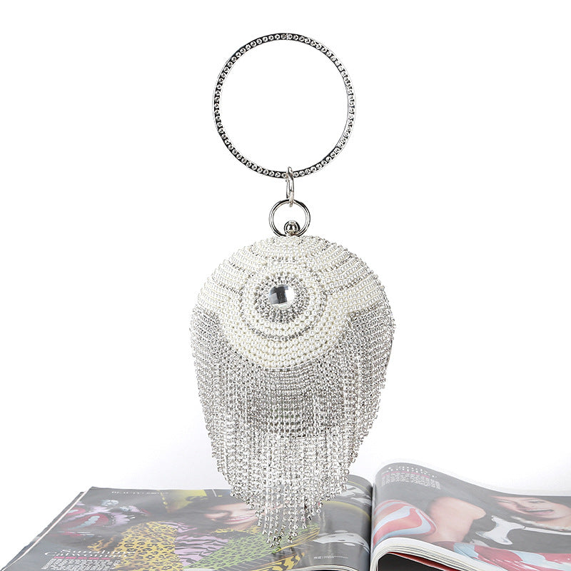 Round Dinner Bag With Diamond Stickers, Spherical Tassel Bag, Hot Diamond Handbag, Chain Bag