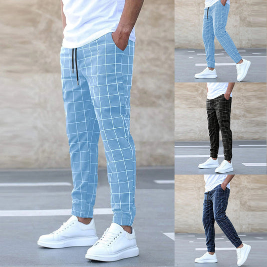 Fashion Plaid Print Pants Men's Casual Drawstring Trousers