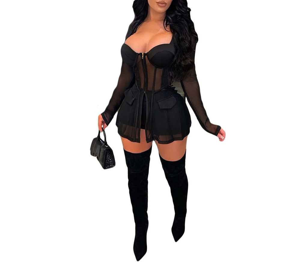 Gauze Mesh Sheer Two Piece Sportswear Women Beachwear Zip Top Black Shorts Set