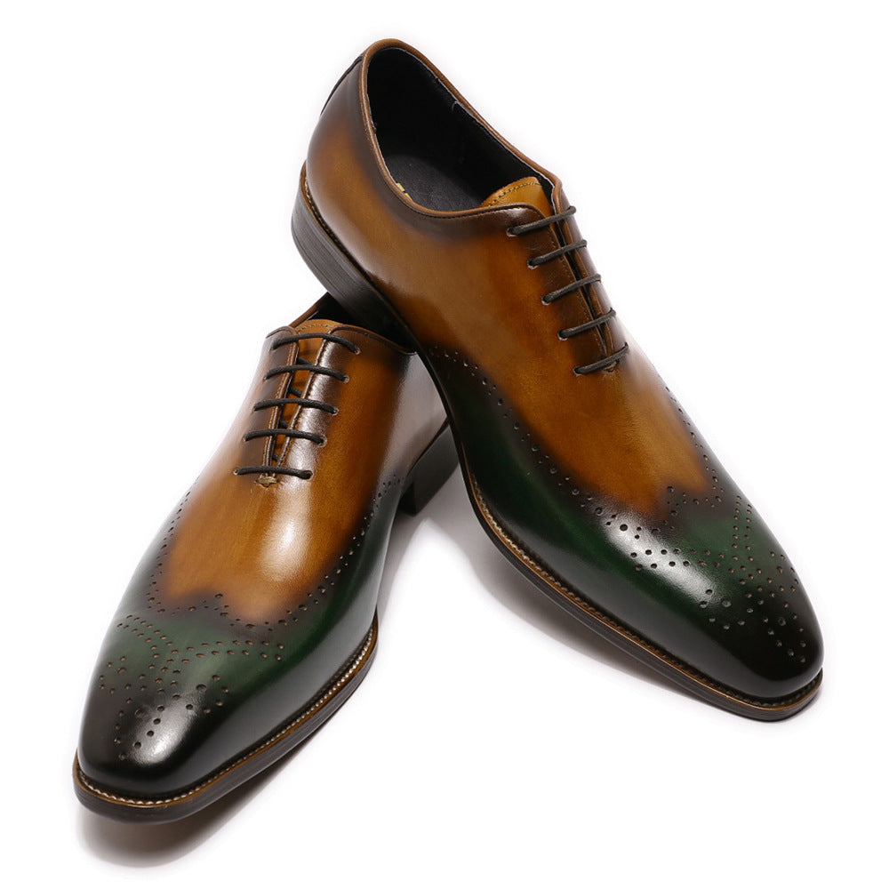 Carved Hand-cut Color Matching Wingtip Oxford Leather Shoes