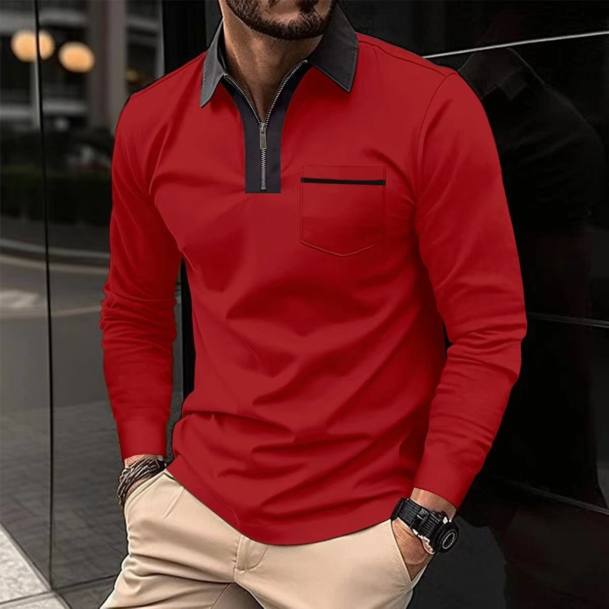 Long Sleeve Lapel Fashion Slim Pocket Long Sleeve T-shirt