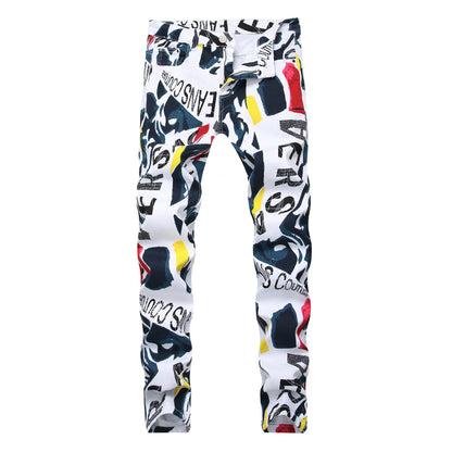 Men's White Printed Stretch Casual Jeans