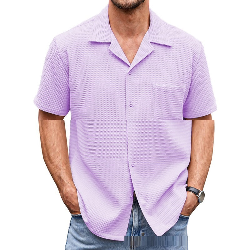 Suit Collar Solid Color Short Sleeve Waffle Shirt