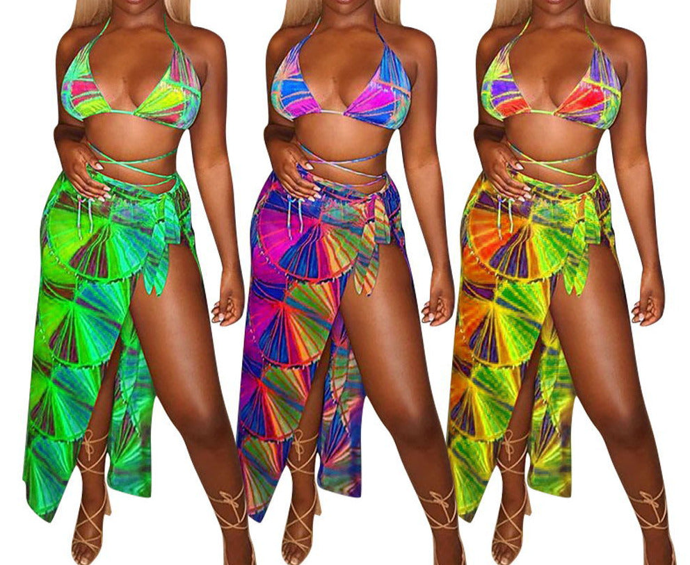 Split Swimsuit Summer Bikini Three-piece Print Beach Suit Swimming Sportswear