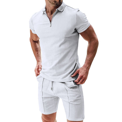 2Pcs Casual Waffle Suit Summer Zipper Lapel Short-sleeved Top And Drawstring Pockets Shorts Versatile Solid Color T-shirt Set For Mens Clothing