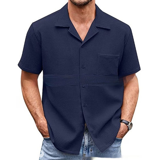 Suit Collar Solid Color Short Sleeve Waffle Shirt