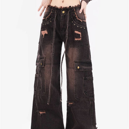 Plus Size Retro Washed Burr Damage Cargo Jeans