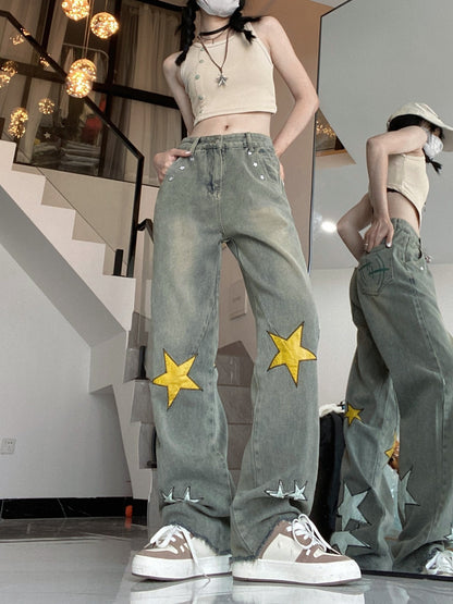 Women's Embroidered Jeans Plus Size High Waist Straight Pants