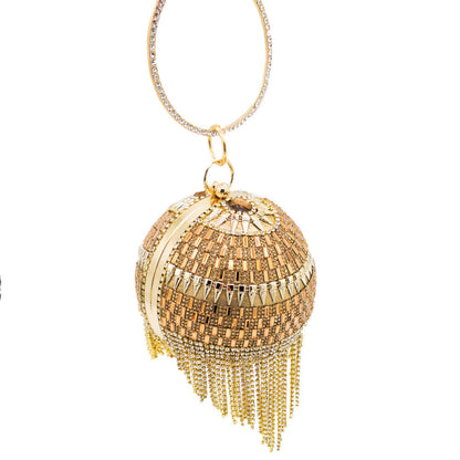 Round Dinner Bag With Diamond Stickers, Spherical Tassel Bag, Hot Diamond Handbag, Chain Bag