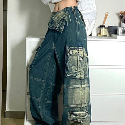 Plus Size Retro Washed Cargo Jeans Women