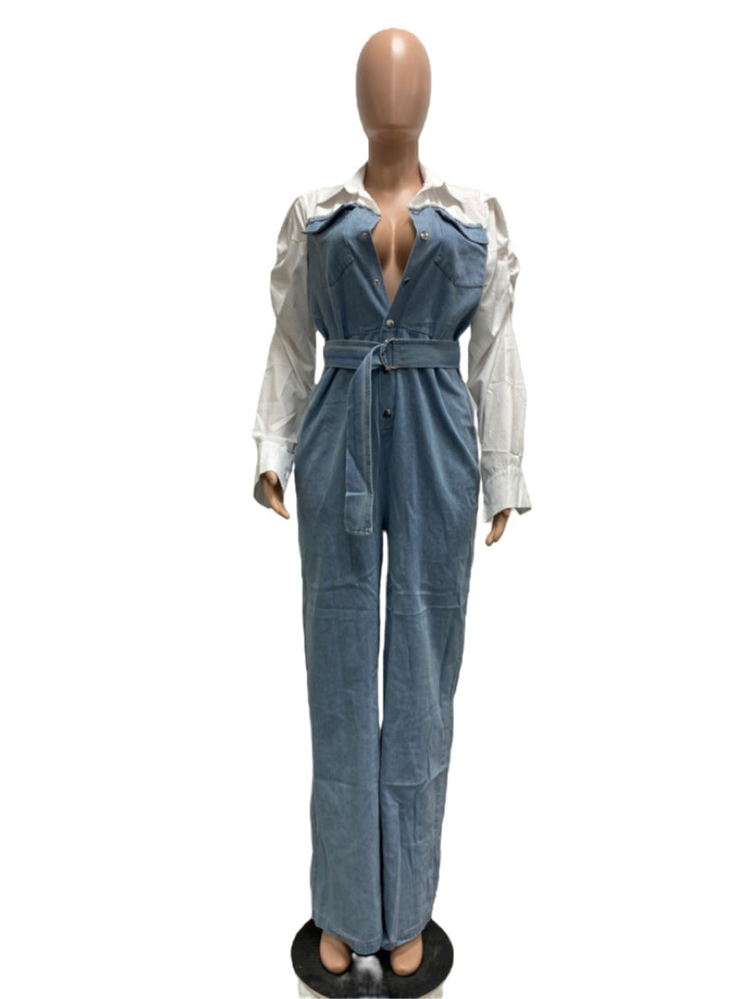 Casual Denim Stitching Plus Size Jumpsuit