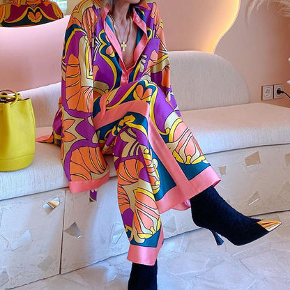 Plus Size Printed Long Sleeve Shirt Ethnic-style Trousers Suit