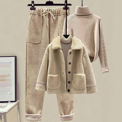 Lamb Wool Fur Sweater Casual Pants Three Piece Set Fashion Suit Women 7-12days