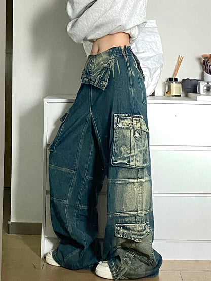 Plus Size Retro Washed Cargo Jeans Women