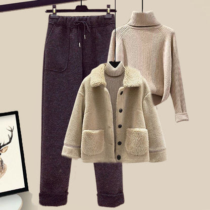 Lamb Wool Fur Sweater Casual Pants Three Piece Set Fashion Suit Women 7-12days