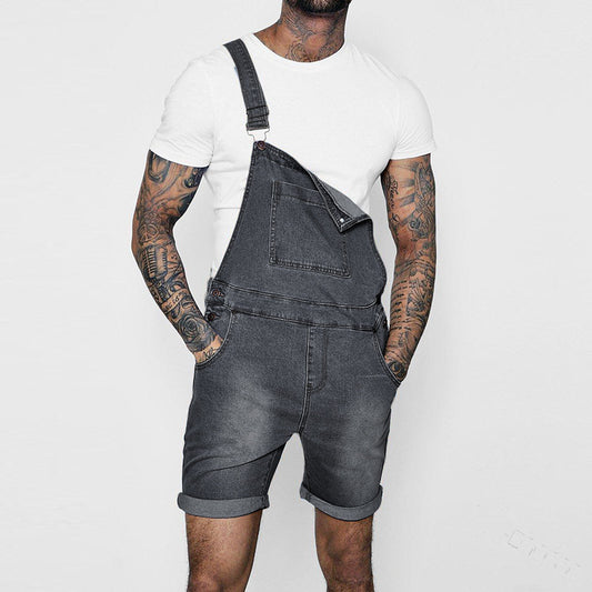 Fashion Men's Bib Trousers Rolled-up Jeans Jumpsuit