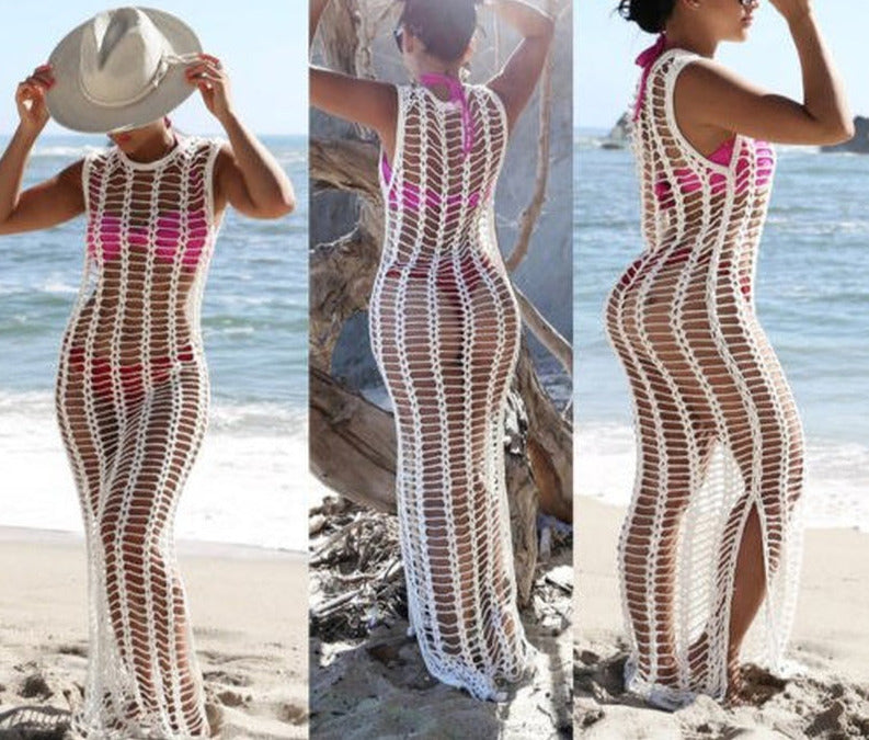 2021 Summer Beach Dress White Mesh Cover up Women Crochet Bikini Cover Ups Swimwear Bathing Suit Swimsuit Beachdress