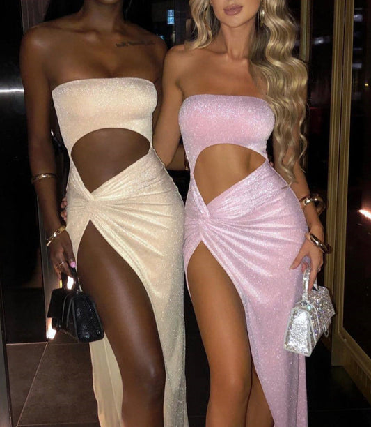 Mozision Sexy Strapless High Split Maxi Dress