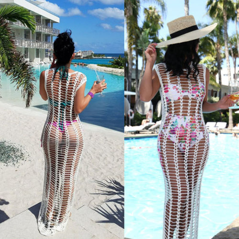 2021 Summer Beach Dress White Mesh Cover up Women Crochet Bikini Cover Ups Swimwear Bathing Suit Swimsuit Beachdress